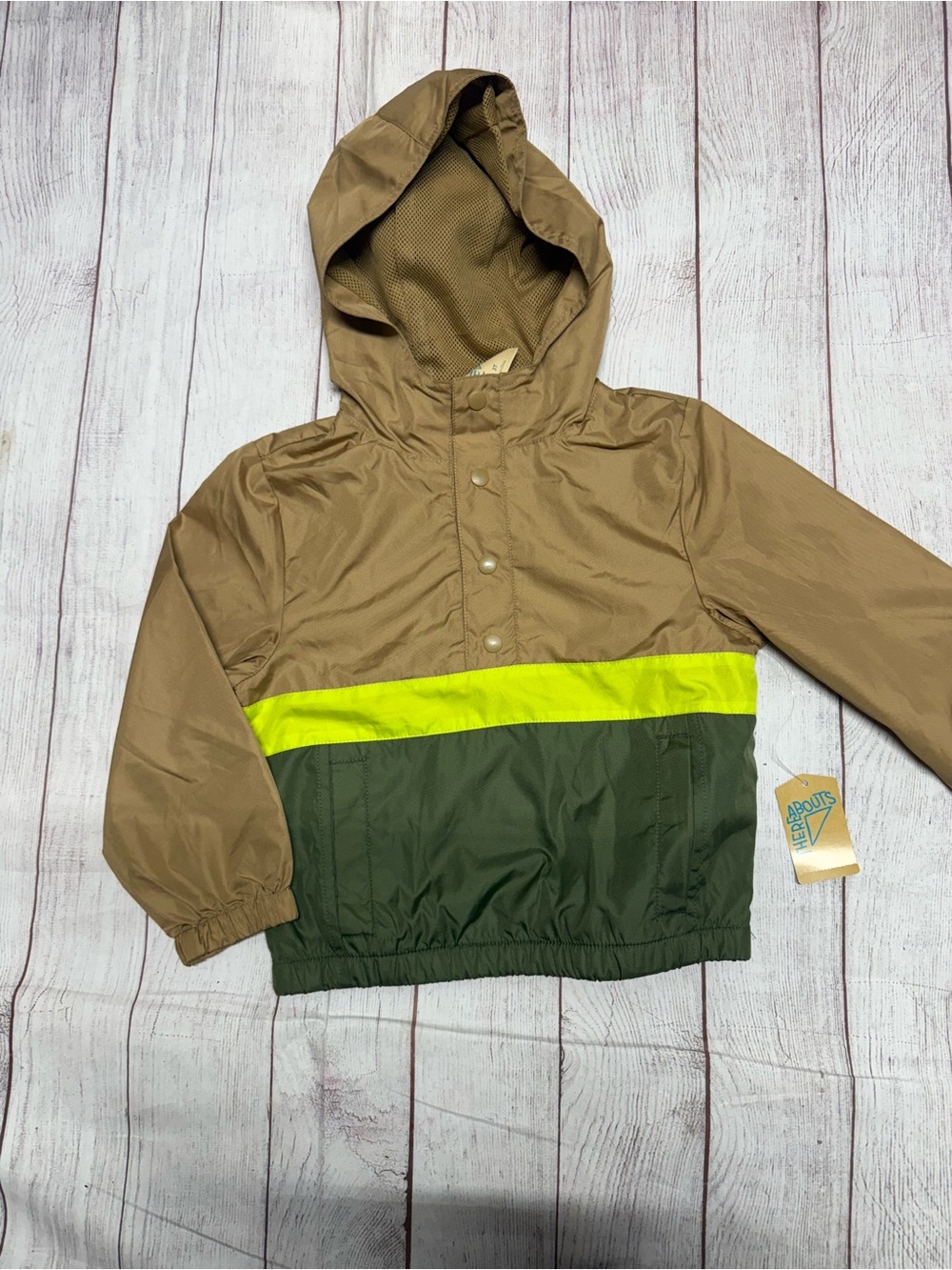Kids Hooded Pullover Windbreaker - Tan with Neon Yellow & Olive